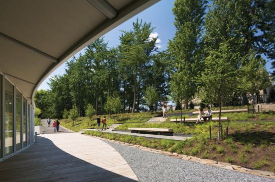 Roof terrace with view to seating and garden paths.