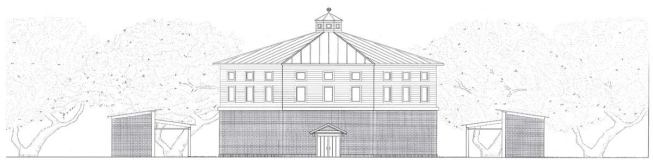 LIBRARY

Inspired by octagonal barn types found throughout the South, the proposed library is similar to the plantation's main house in scale but would appear smaller due to a lower ground elevation. A brick base transitions to wood, separated by a masonry lintel, to reflect the trades of the school; likewise, each trade occupies one wall of the library inside.