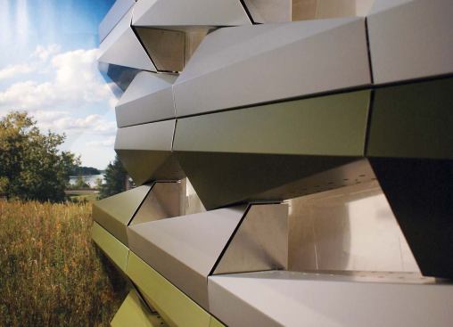 Created as part of the Goldstein Museum of Design's Here by Design III exhibition, the Cloak Wall system includes several advancements over Drape Wall, including discrete window openings. The bricks are held together by compression as opposed to being locked to a separate aluminum frame.