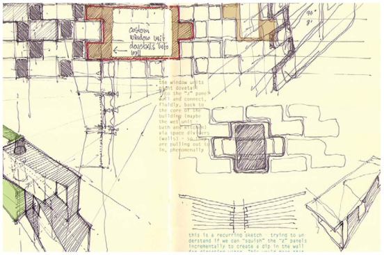 Preliminary sketches document the initial attempts to turn the Drape Wall concept into a comprehensive design for a single-family house.