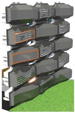 In the final Drape Wall system, some bricks are perforated, serving as windows. These perforated bricks allow controlled airflow into the space and views from the interior.