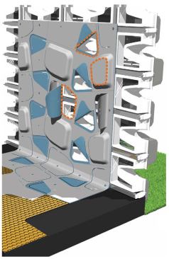 A felt "drape" layer lines the interior surface of the wall system. It is backed with a blue layer of waterproofing to weatherproof the house (the exterior bricks serve only as a rainscreen). Insulating felt forms storage pockets and can be pulled aside to allow access to the "windows"-perforations in some exterior bricks.