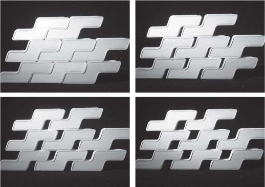 PROTOTYPES
The Drape Wall system is being continuously refined, and new brick prototypes are being manufactured for testing. One prototype, based on research by mechanical engineering students, provides for flexible spacing of the bricks, permitting more or less ventilation as climate conditions in different areas dictate. This latter system is the driver for the design of a full-scale installation called the Drape House.