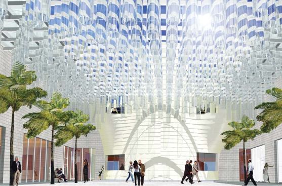 A rendering of the courtyard at Nike's Los Angeles offices demonstrates how sunlight coming through a glass atrium and through the glass tubes will illuminate the enclosed space while adding a texturizing shadow pattern to the environment.