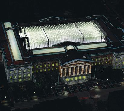 With proper lighting from the interior, the proposed installation at the Smithsonian Institution Patent Office Building (which houses the National Portrait Gallery) would have created striking visual effects as the light went through each individual glass rod in the truss system. The Smithsonian competition was won by Norman Foster.