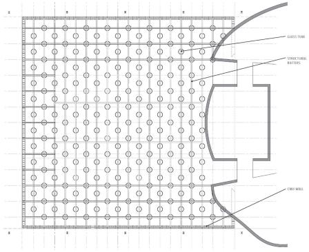 LAYOUT OF GLASS TUBE GRID

The truss system relies on the rods being placed in a grid pattern, such as this one at Nike's Los Angeles offices on Hayden Avenue. The pattern allows the tubes to absorb the necessary compressive force, but offsetting each row also allows for a fuller visual field.