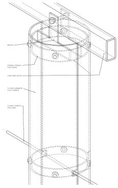 GLASS TUBE STRUT

The individual glass tubes have metal reinforcement around each attachment point, including the top where the tube connects to the structural rafter, and the point where the steel cable threads through the tube.