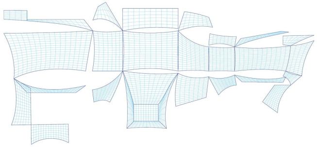 The pattern for the metal mesh net is tailored to fit the exact shape of the Hotel Forest in Barcelona, including terraces and outcroppings. The net has the appearance of being draped loosely, and extends farther out from the building as it nears street level, creating a canopy over pedestrians walking around the building's base.