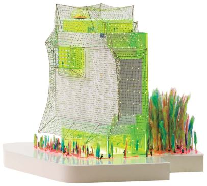 The pattern for the metal mesh net is tailored to fit the exact shape of the Hotel Forest in Barcelona, including terraces and outcroppings. The net has the appearance of being draped loosely, and extends farther out from the building as it nears street level, creating a canopy over pedestrians walking around the building's base.