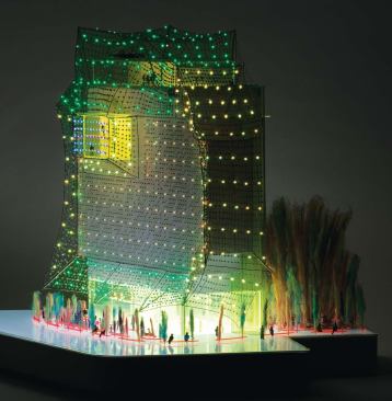 Individual leaf modules that contain PV cells to power LED sources are suspended on the net and glow at night. These modules can be programmed to emit different colors of light to create patterns on the surface. The result is a dynamic façade that engages the urban fabric surrounding it.