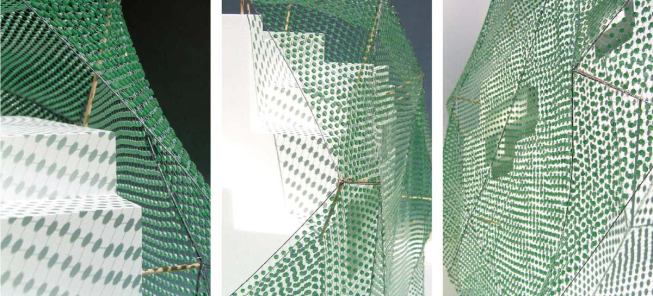 The net has an interesting visual effect on the building itself, creating filtered views from within and also superimposing a pattern of shadow across the building's surface during daylight hours.