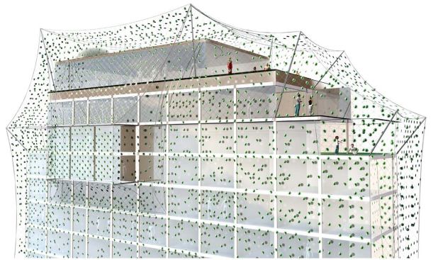 Balconies and outdoor areas are enveloped by the net as well, making the whole hotel exterior a unique layered environment.