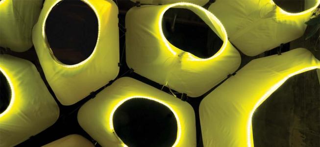 The final installation is a luminous canopy that lends a sense of space to an outdoor environment. The system reacts to the climate as well, shining more brightly on sunny days, when more energy can be collected by the PV cells.