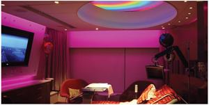 Tri-colored LEDs may project moving images such as “Rainbow Spiral”.