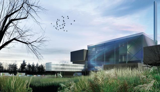 For the Sita UK waste-to-energy plant near Ipswich in Suffolk County, England, architecture firm Grimshaw was able to organize the various technical components and systems to create a more aesthetically pleasing massing than most WTE plants. Torqued louvers reflect natural light, and a transparent skin allows visitors to peek inside to catch a glimpse of the workings of the energy-production process.