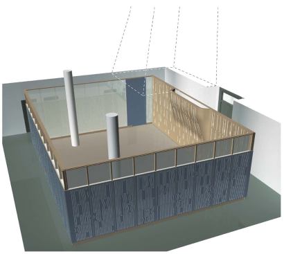 PERSPECTIVE VIEW

A rendering shows the integration of the undulated east wall and the incised panels on the other three walls, as well as the path of natural light through the skylight (indicated with hatched lines).