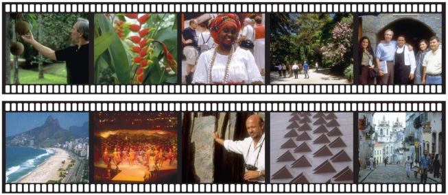Highlights from a tour of Brazil, undertaken by architects from Skidmore, Owings & Merrill and their clients on the Bank Boston project in Sao Paulo. Managing partner George Efstathiou looks at stone samples. Far left: Client Bob Winslow of U.S. Equities Realty examines some local fruit.