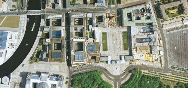 Site Plan

1. U.S. Embassy

2. Pariser Platz

3. DG Bank

4. Hotel Adlon

5. French Embassy

6. British Embassy

7. Holocaust Memorial

8. Tiergarten

9. Brandenburg Gate

10. Reichstag

11. Spree River