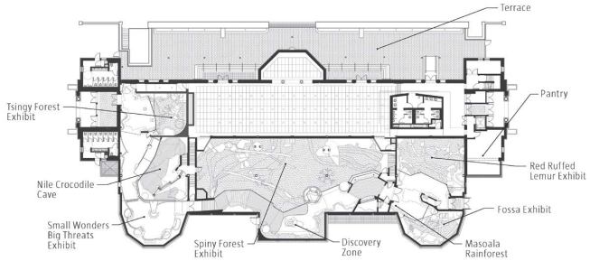 FIRST FLOOR PLAN

An additional 6,000 square feet was excavated from the cellar level to accommodate life support systems, animal holding, storage, and pantry and mechanical space (left).