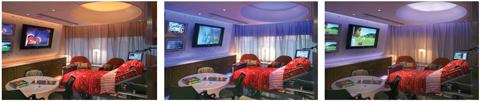 Tri-colored LEDs may project static colors such as amber (above left) or blue (center). Bedside touch screens allow the user to tailor room color and brightness to their preference (above right).