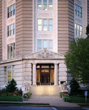 New metal handrails installed on the exterior stairs incorporate downlights that improve visibility at night. Accent lights at the base of the second-floor windows illuminate the building at night but had to be carefully shaded to be dark-sky compliant.