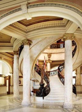 Many of the historic spaces, such as the central stair, city manager’s office , and council chambers, needed little heavy-duty restoration work, but low-energy lighting and sprinklers were added throughout. 