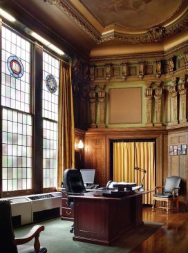 Many of the historic spaces, such as the central stair, city manager’s office , and council chambers, needed little heavy-duty restoration work, but low-energy lighting and sprinklers were added throughout. 