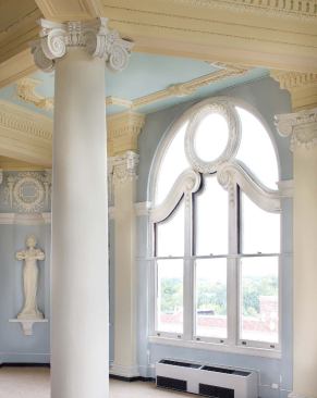 Many of the historic spaces, such as the central stair, city manager’s office , and council chambers, needed little heavy-duty restoration work, but low-energy lighting and sprinklers were added throughout. 