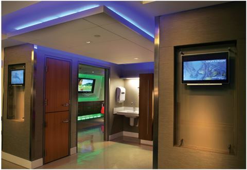 Shielded halogen pinhole accents provide exam lighting and highlight entry displays.