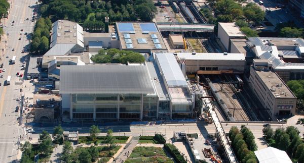 An aerial view of the Art Institute's campus with the new 264,000-square-foot Modern Wing, which sits in Grant Park at the Corner of Monroe Street and Columbus Drive, adjacent to Millennium Park. ? Photo Credit: Andrew Campbell Photography/Courtesy The Art Institute of Chicago