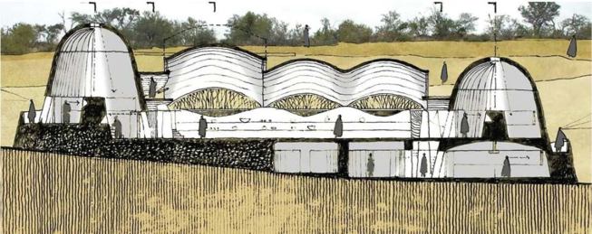 The Interpretive Centre makes extensive use of vaulted spaces. The structures’ shapes take their inspiration from the hilly surrounding landscape—the park is located at South Africa’s border with

Zimbabwe and Botswana, on the Limpopo River—and the local culture.