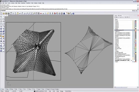 Now being used to create a compression-only stone masonry pavilion in Texas, thrust network analysis allows designers to see how the internal forces of a particular three-dimensional shape are distributed. The thickness of the tubes in the computer model represents compression loads.