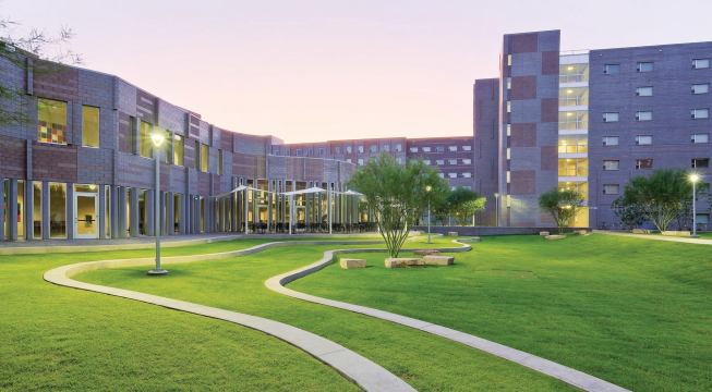 The mixed-use development at Barrett, the Honors College at Arizona State University, uses treated graywater from the showers and sinks of a 1,700-bed residence to irrigate the landscaping.