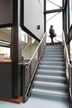 Inside the tower, stairs clad in rubber flooring from Dalsouple give access to the ship’s main deck.