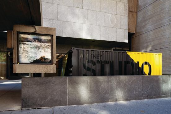 Fashioned from six Cor-Ten steel shipping containers, modified by TRS Containers in New Jersey, the Whitney Studio makes its presence known with a black-and-yellow exterior coated in paint by Hempel.
