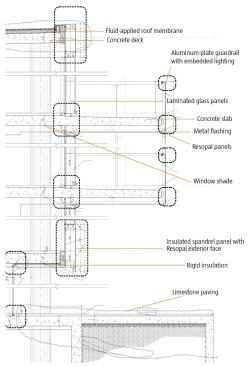 A section through the south façade (left) shows the balconies' wood grain- laminated glass topped by railings with embedded fluorescent lighting, as well as the Resopal panels that offer weather resistance for the façade.