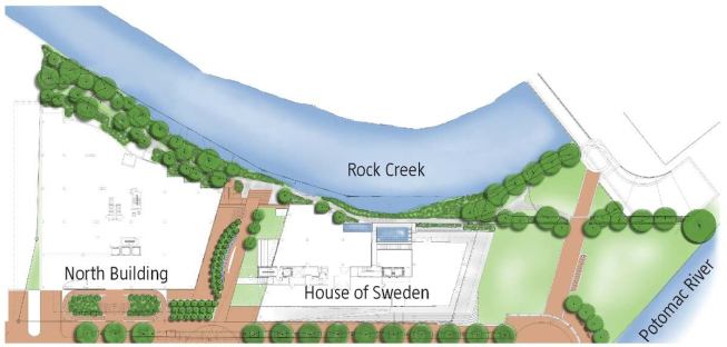 Sitting near the confluence of Rock Creek and the Potomac River (below left), the House of Sweden is susceptible to flooding on the second-floor lobby level, the conference level below, and in the parking area (see section, below right). Architects from VOA countered by using cable tie-downs to anchor the building to bedrock and creating jambs for incorporating Presray Stop Logs to build a temporary flood wall.