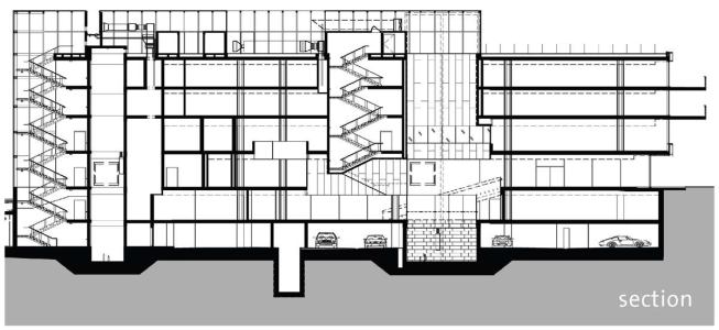Sitting near the confluence of Rock Creek and the Potomac River (below left), the House of Sweden is susceptible to flooding on the second-floor lobby level, the conference level below, and in the parking area (see section, below right). Architects from VOA countered by using cable tie-downs to anchor the building to bedrock and creating jambs for incorporating Presray Stop Logs to build a temporary flood wall.