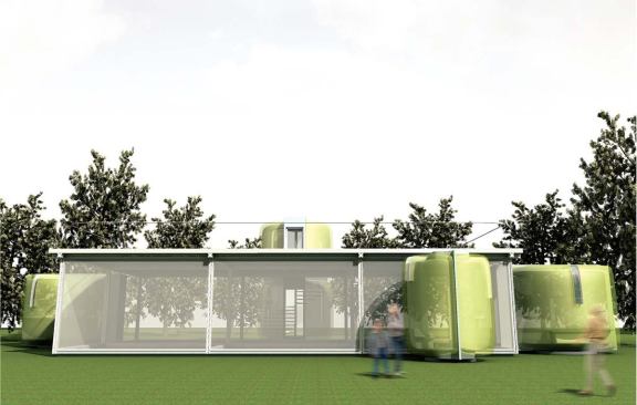 Readily attached to the main house structure and stacked, each node has a molded insert that determines its function.