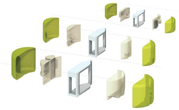 Readily attached to the main house structure and stacked, each node has a molded insert that determines its function.