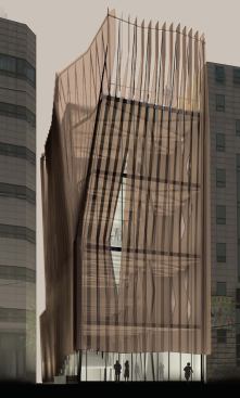 The building's skin was inspired by the client's own business: fashion. Reminiscent of a pleated skirt, down to the suggestion of a bent leg along the main façade, the screen wraps the building like a piece of clothing, masking a simple, clean-lined form.