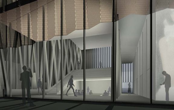 The size of the infill site informed several programming choices, including the combination of the building's lobby with one of its showcase spaces: the theater and catwalk. 