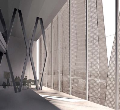 The visual connection to the sidewalk serves to remind fashion show viewers of the people the clothing is designed for. In the double-height spaces on the upper floors, the diamond shape of the structural columns is meant to reflect the pleating and perforations of the skin outside.