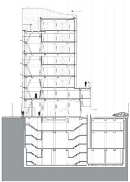 Section

The section plan of the building) allows maximum light into the entry spaces and fosters communication between the different clothing brands operating in the doubleheight studios.