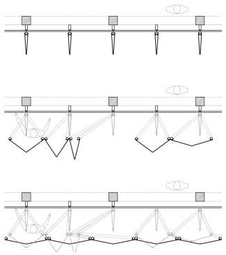 Wall section

The perforated metal skin helps control glare without the need for shades, in part because of the angle of the pleating. Metal is laid over a support framework that is suspended from the glass curtain wall, which in turn attaches to the structural system of the building.