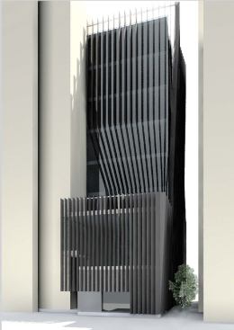 The building's skin was inspired by the client's own business: fashion. Reminiscent of a pleated skirt, down to the suggestion of a bent leg along the main façade, the screen wraps the building like a piece of clothing, masking a simple, clean-lined form.