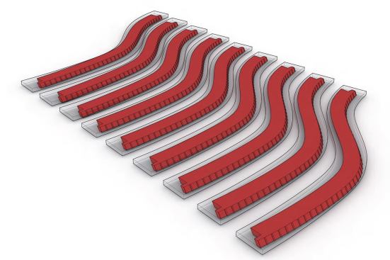 Designtoproduction ensured the curved glulam beams within each of 126 furring and wall elements could be milled from the same curved parent beam.