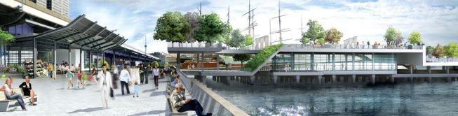 Plans for Pier 15 call for a community gathering space jutting out into the river on the existing pier, topped by a roof garden.