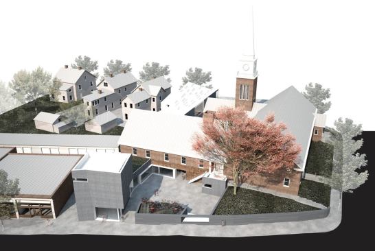 The new chapel and community center are woven together with the existing 1950s-era complex that houses the Korean Church of Boston. The goal was to use modern materials but nod to the texture of the traditional church's façades. Cementitious panels cladding the new structures are set in a bricklike pattern.