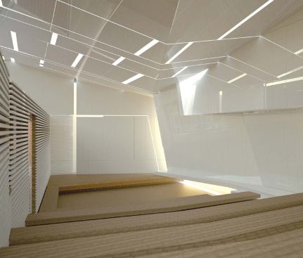 The children's chapel features a terraced floor instead of traditional pews to better accommodate a smaller congregation.